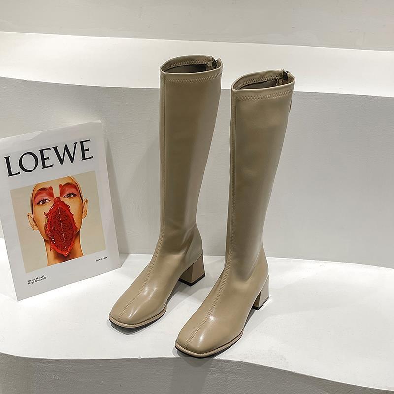 Women's Over-The-Knee Slim High Boots | Chunky Heel PU Leather | Black Brown Beige Khaki