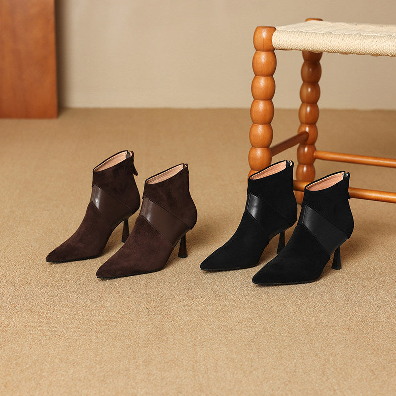 Women's Spliced Short Martin Boots – Suede Stiletto Heel Ankle Boots with Back Zipper