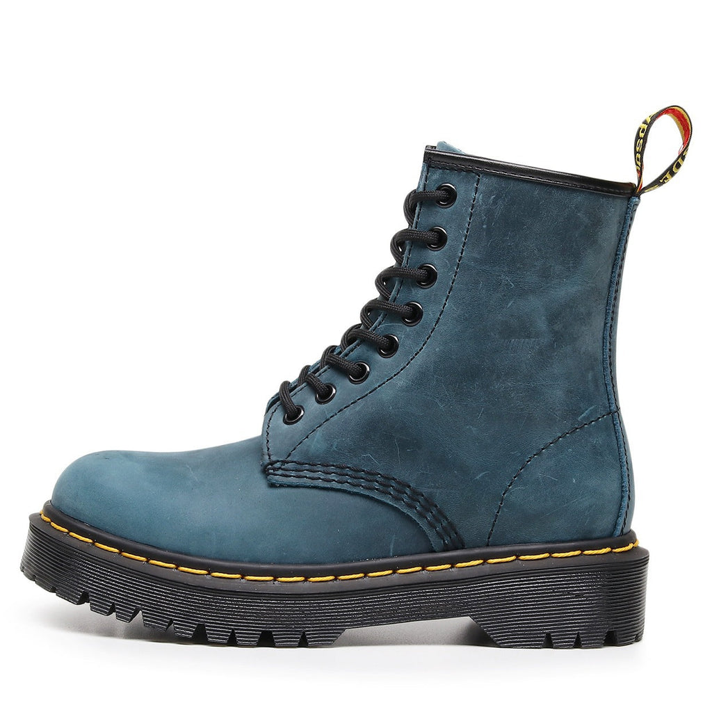 Women's British-Style Full-Grain Leather Biker Boots – Square Heel, Round Toe, Lace-Up
