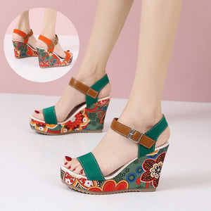 Women's Floral Embroidered Wedge Sandals | Buckle Platform Open-Toe Summer Heels