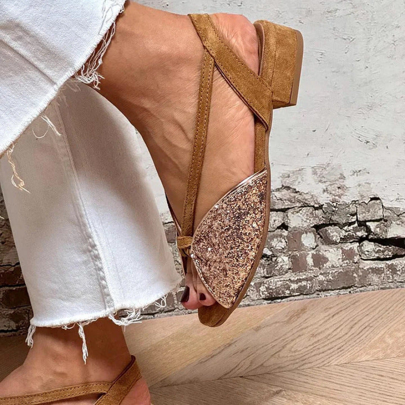 Women's Brown Suede Glitter Embroidered Peep Toe Sandals - Low Heel Comfortable Summer Shoes