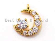 Load image into Gallery viewer, CZ Micro Pave Half Moon charm, Crescent Moon Clear Cubic Zirconia Pave Charm in Gold Rose Gold Silver Black color, 13mm, sku# Y25