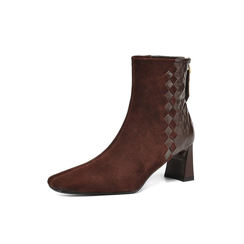 Women's Square Toe Chunky Heel Ankle Boots – Sheepskin Leather Patchwork