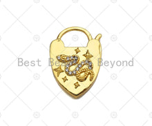 Load image into Gallery viewer, CZ Micro Pave Snake Padlock Heart Clasp Charms, Snake CZ On Padlock Clasp, Gold Charm Pendant, Padlock Necklace Charms, 17x27mm, Sku#K164