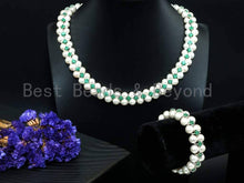 Load image into Gallery viewer, Green Cubic Zirconia&amp; Mother of pearl necklace and bracelet set, Pearl Jewelry set, Bridal Jewelry, Double Strand Statement Jewelry, SKU#P17