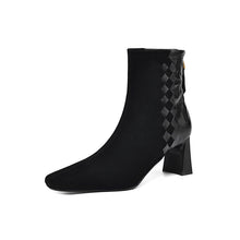 Load image into Gallery viewer, Women's Square Toe Chunky Heel Ankle Boots – Sheepskin Leather Patchwork