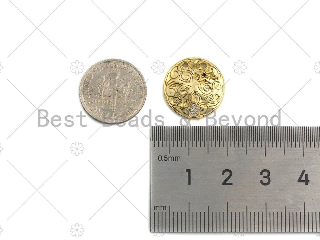 CZ Micro Pave Black CZ Square Pattern On Round Coin Shape Pendant, Dainty Gold Medallion Pendant,17mm, Sku#LK24