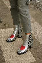 Load image into Gallery viewer, Women's Silver Chunky Heel Ankle Boots – Square Toe Side Zipper Heart Detail