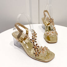 Load image into Gallery viewer, Women's Flower Transparent Square Heel Sandals | Summer Square Toe High Heels | Off-White Silver Gold Black | Sizes 35-42