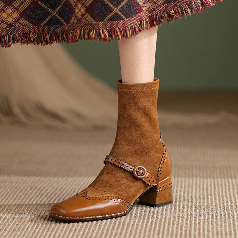 Women's Square Toe Chunky Heel Boots – Vintage Style Side Zipper | Black & Khaki