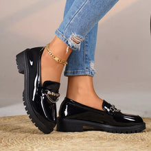 Load image into Gallery viewer, Women's Chain Embellished Round Toe Loafers – Mid Heel, PU Leather, Slip-On