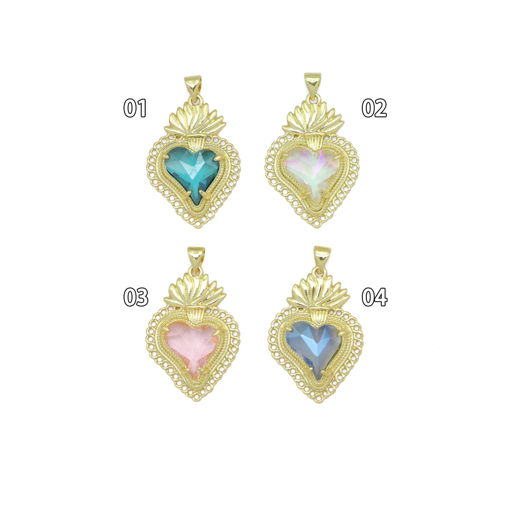 Big Crystal Gold Heart lotus flower Charm Pendant, Sku#LK1090