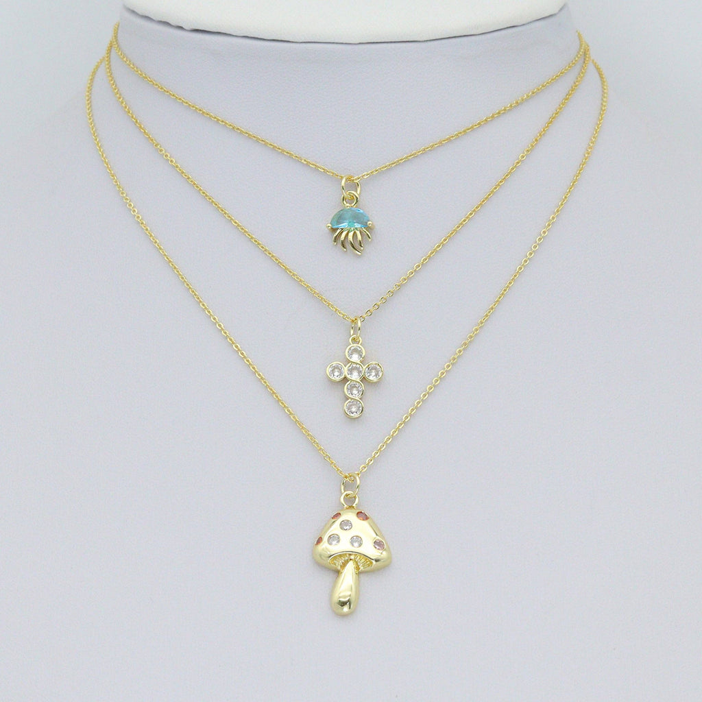 CZ Gold Love Cross Mushroom Jellyfish Dragonfly Charm Pendant,Sku#LD748