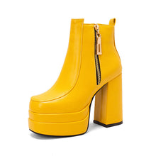 Load image into Gallery viewer, Women's Square Toe Chunky Heel Ankle Boots - Waterproof Platform Side Zipper Boots