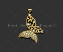 Load image into Gallery viewer, Gold Filled CZ Micro Pave Flower On Butterfly Shape Pendant, 18K Gold Filled ButterflyCharm, Necklace Bracelet Pendant,28x35mm,Sku#LD100