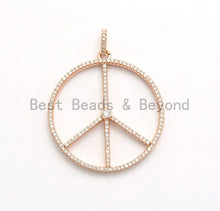 Load image into Gallery viewer, Large CZ Micro Pave Peace Sign Pendant, Cubic Zirconia Pendant/Charm,Pave Findings, Gold/Black/Silver/Rose Gold,36x39mm, sku#F561