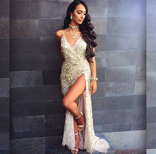 Load image into Gallery viewer, Sexy Women Clothing V neck Backless Slit Sling Gold Sequ Dress Maxi Dress Summer