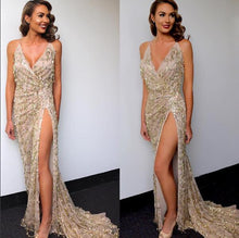 Load image into Gallery viewer, Sexy Women Clothing V neck Backless Slit Sling Gold Sequ Dress Maxi Dress Summer