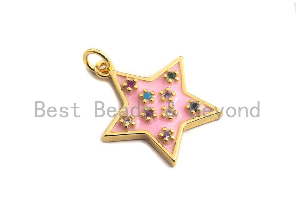 Colorful CZ on Star Enamel Pendant, Star Enamel Charm Pendant, White/Black/Blue/Red/Pink/Turquoise Star,20x21mm,sku#F934