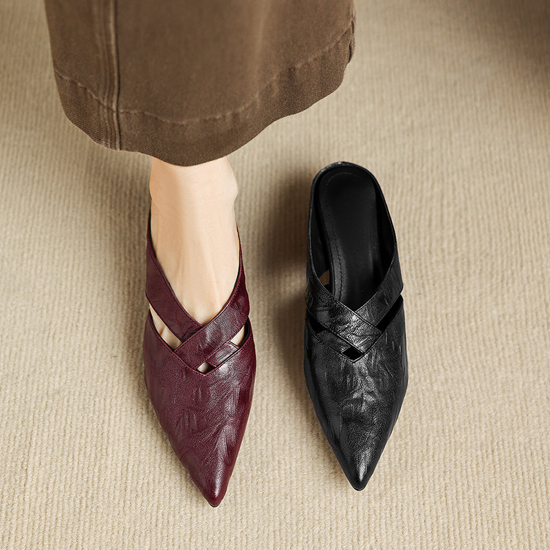 Women's Lambskin Pointed Toe Mules | Crisscross Low Heel Leather Slides