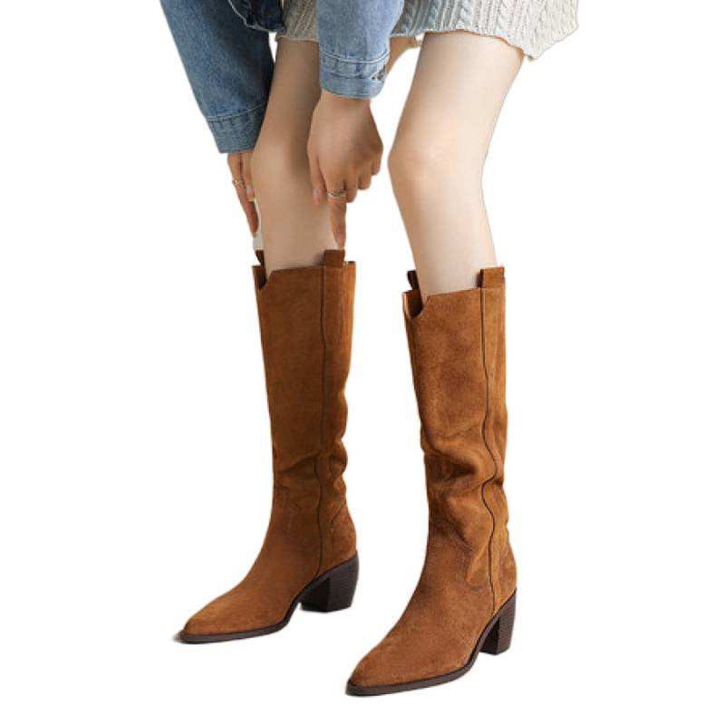 Women's Handmade Retro Chunky Heel Long Boots – Pointed Toe Cowhide Leather Fall Winter Boots