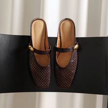 Load image into Gallery viewer, Women's Sheepskin Mary Jane Mules | Perforated Square Toe Low Block Heel Slides