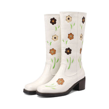 Load image into Gallery viewer, Women's Western Boots with Floral Embroidery - Mid-Calf Chunky Heel Boots