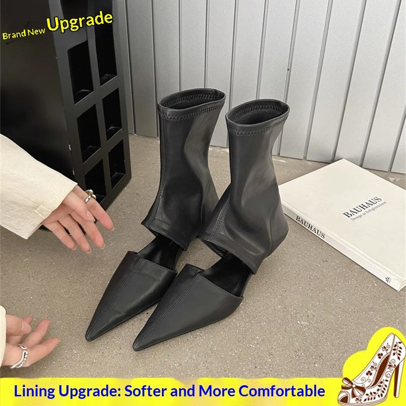 Women's French-Style Pointed-Toe Stiletto Boots - Mid-Calf Hollow-Out Design Stretchy PU Leather