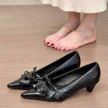 Load image into Gallery viewer, Women's French-Style Stiletto Heels with Ruffled Hem &amp; Bow Tie - Open Toe Low Heel Loafers