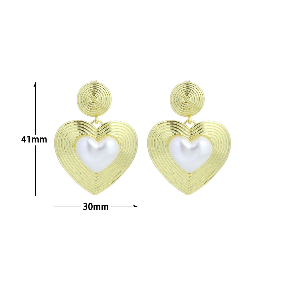 Gold Silver White Pearl On Heart Shape Statement Earrings, Sku#A467