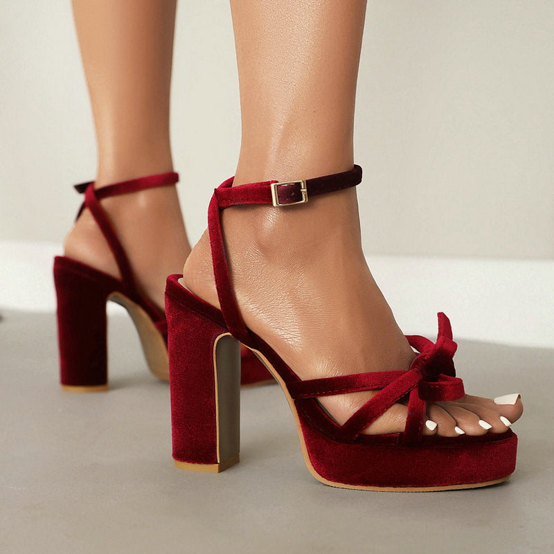 Women's French-Style Open-Toe Block Heel Sandals – Bow-Cutout Strappy Buckle Design