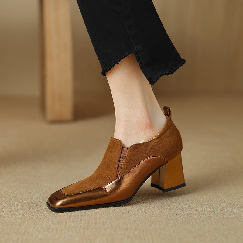 Women's Retro Square-Toe Chunky Heel Dress Shoes - Genuine Leather High Heels
