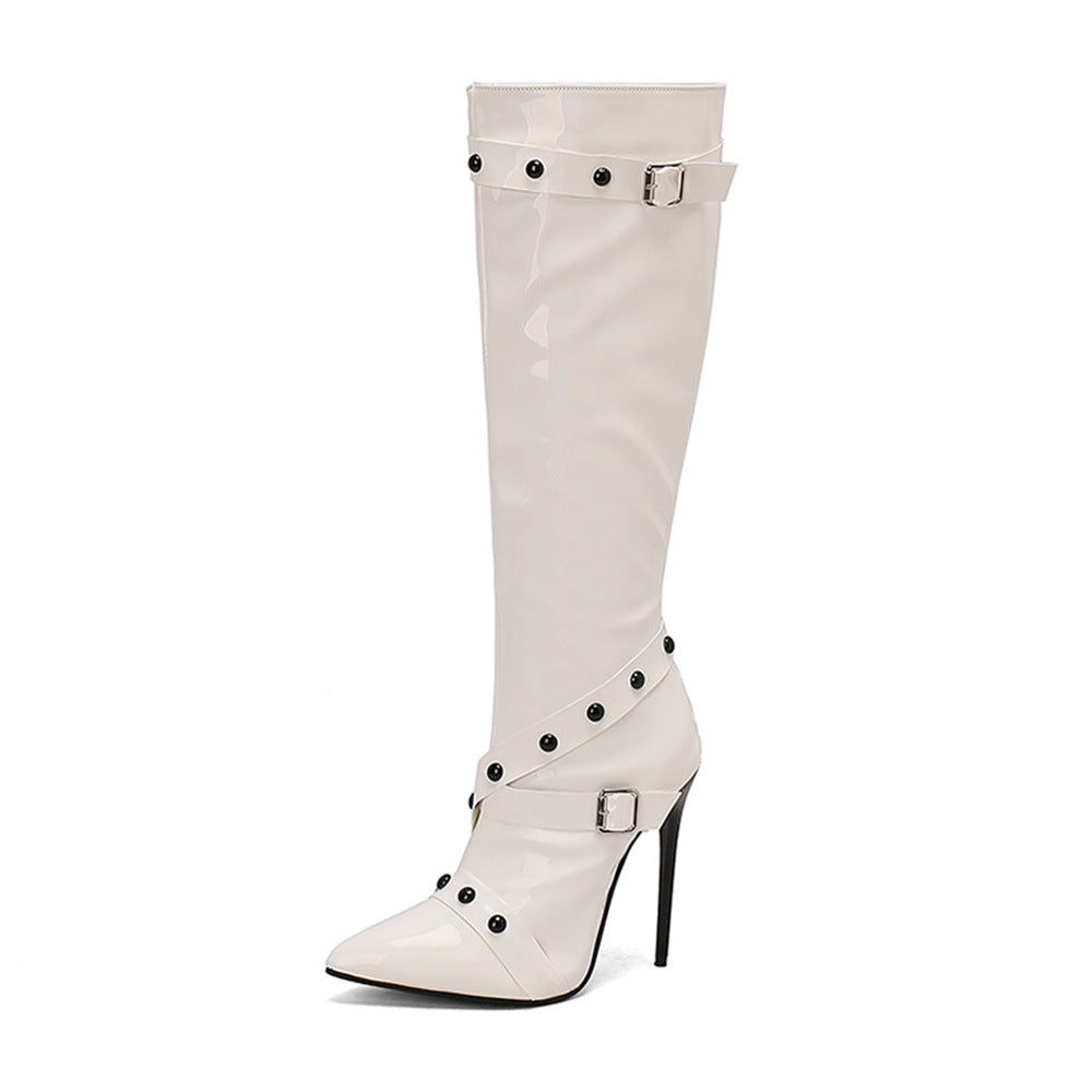 Women's Stiletto Heel Rivet Long Boots - Pointed Toe High Shaft Side Zipper Boots