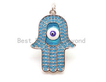 Load image into Gallery viewer, CZ Micro Pave Turquoise Hamsa Hand With Evil Eye Pendant/Charm,Cubic Zirconia Pendant,Fashion Jewelry Findings, 18x28mm, sku#F18