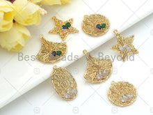 Load image into Gallery viewer, Filigree Gold Lacy Charm with Gemstone, Star/oval/Round/Fan Shape Brushed Gold Twisted Wire Charm for Earrings necklace making, sku#CP12