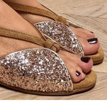 Load image into Gallery viewer, Women's Brown Suede Glitter Embroidered Peep Toe Sandals - Low Heel Comfortable Summer Shoes