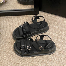 Load image into Gallery viewer, Women's Roman Style Flat Sandals | Buckle Beach Shoes | Black &amp; Off-White
