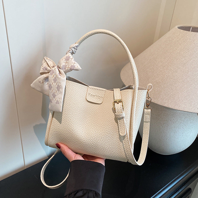 Women's Quilted Bucket Bag with Silk Scarf - PU Leather Crossbody Handbag