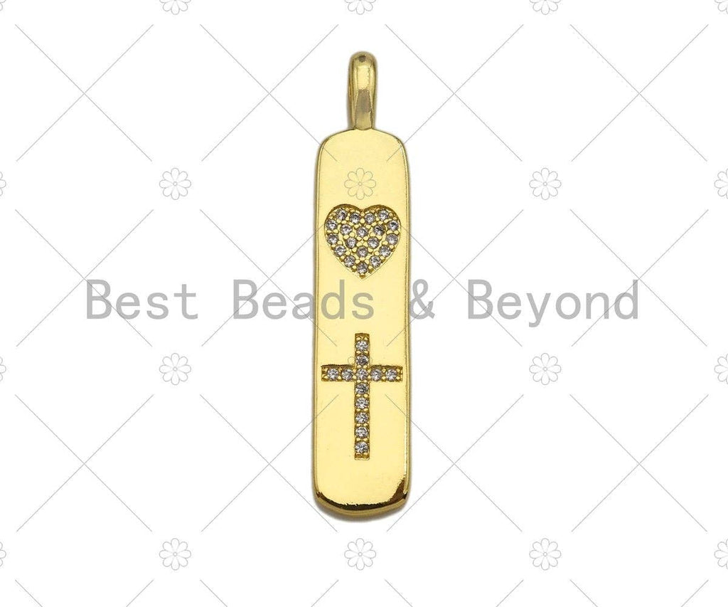 CZ Micro Pave 18k Gold Moon Heart Cross Star Bar Pendant, Cubic Zirconia Pendant, Pattern Charm, CZ Micro Pave Pendant,9x42mm, Sku#LK182