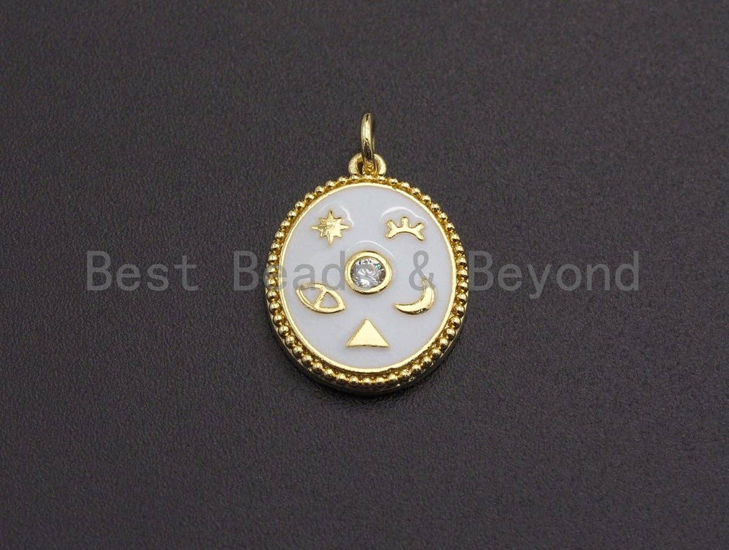 CZ Pave White Cobalt Enamel Star Moon on Round Pendant,Ename