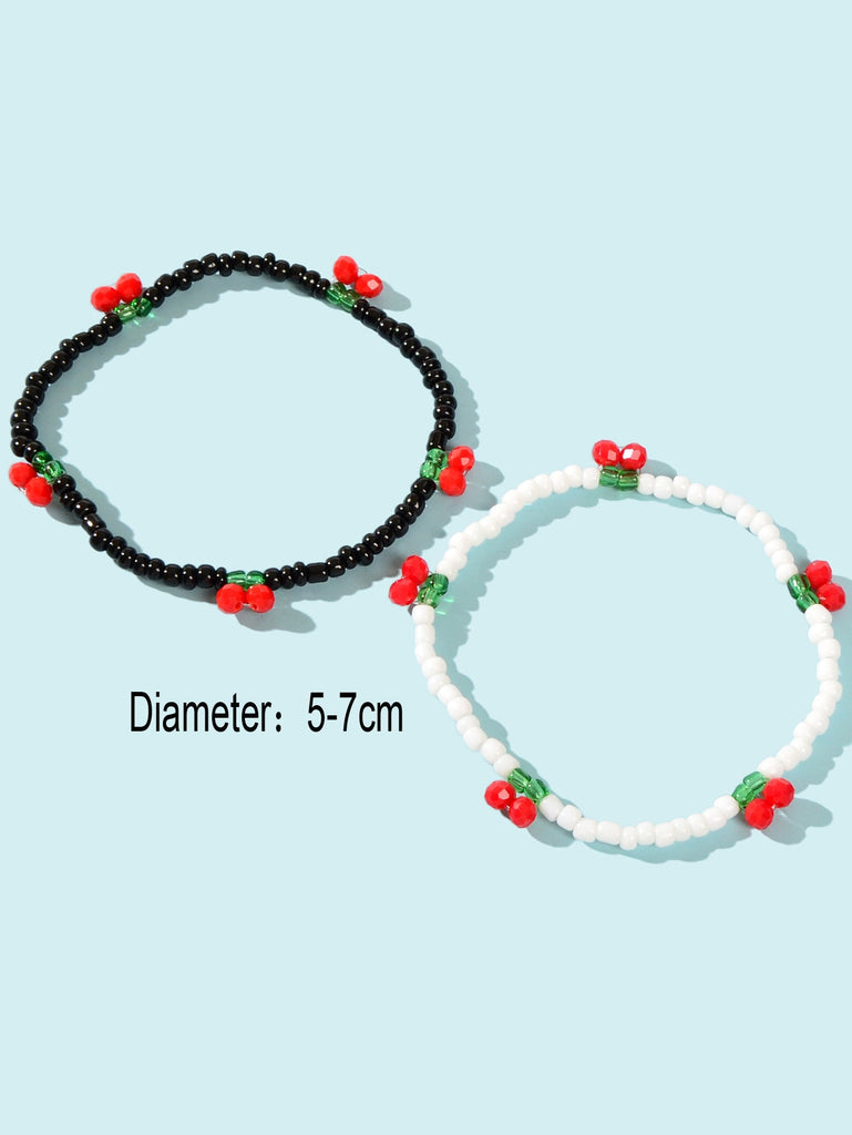 Boho 2 pcs Stackable White Black Seed Beads Stretch Elastic Red Cherry Bracelets