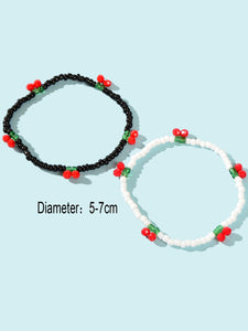 Boho 2 pcs Stackable White Black Seed Beads Stretch Elastic Red Cherry Bracelets