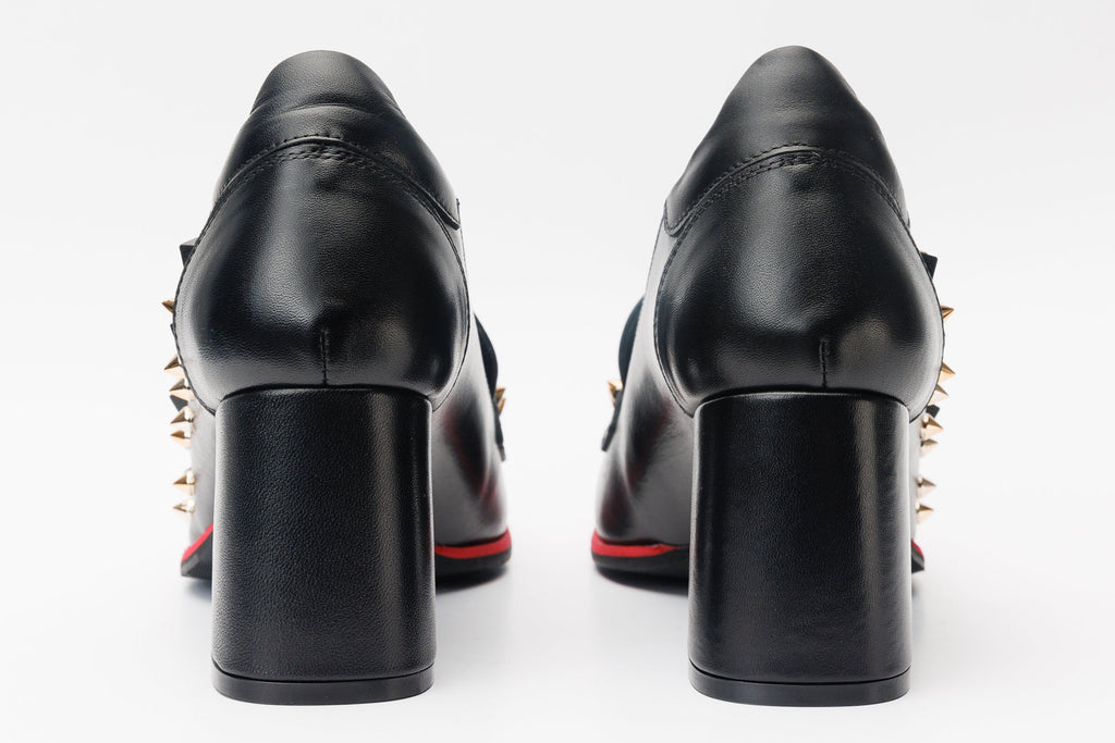 The Infanta Black Spike Leather Block Heel Pump Women Shoe