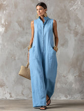 Load image into Gallery viewer, Linen Blend Sleeveless Stand-Collar Jumpsuit – 5 Colors S–3XL