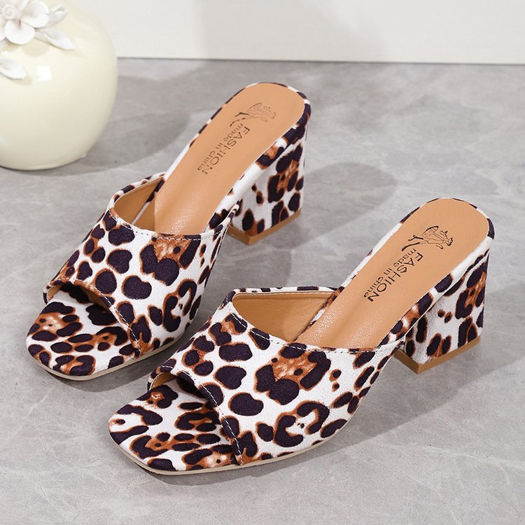 Women's Leopard Print Square Toe Chunky Heel Sandals - Slip-On Block Heel Summer Sandals