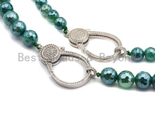 Load image into Gallery viewer, Green Agate Attachment Necklace with Large CZ Pave Silver clasp, 18 long, 8mm/10mm beads size, sku#D45