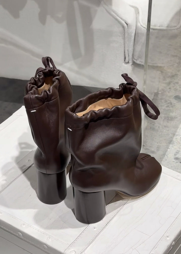 Women's Split-Toe Leather Boots - Mid-Calf Chunky Heel Lace-Up Boots