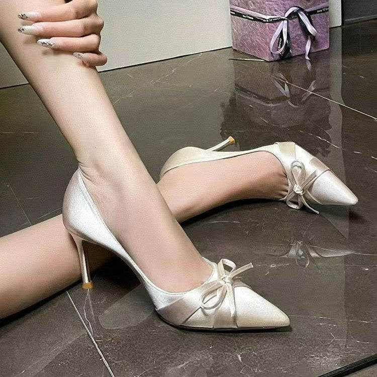 Women's Pointed Toe Stiletto Heels - Square Heel Satin Pumps