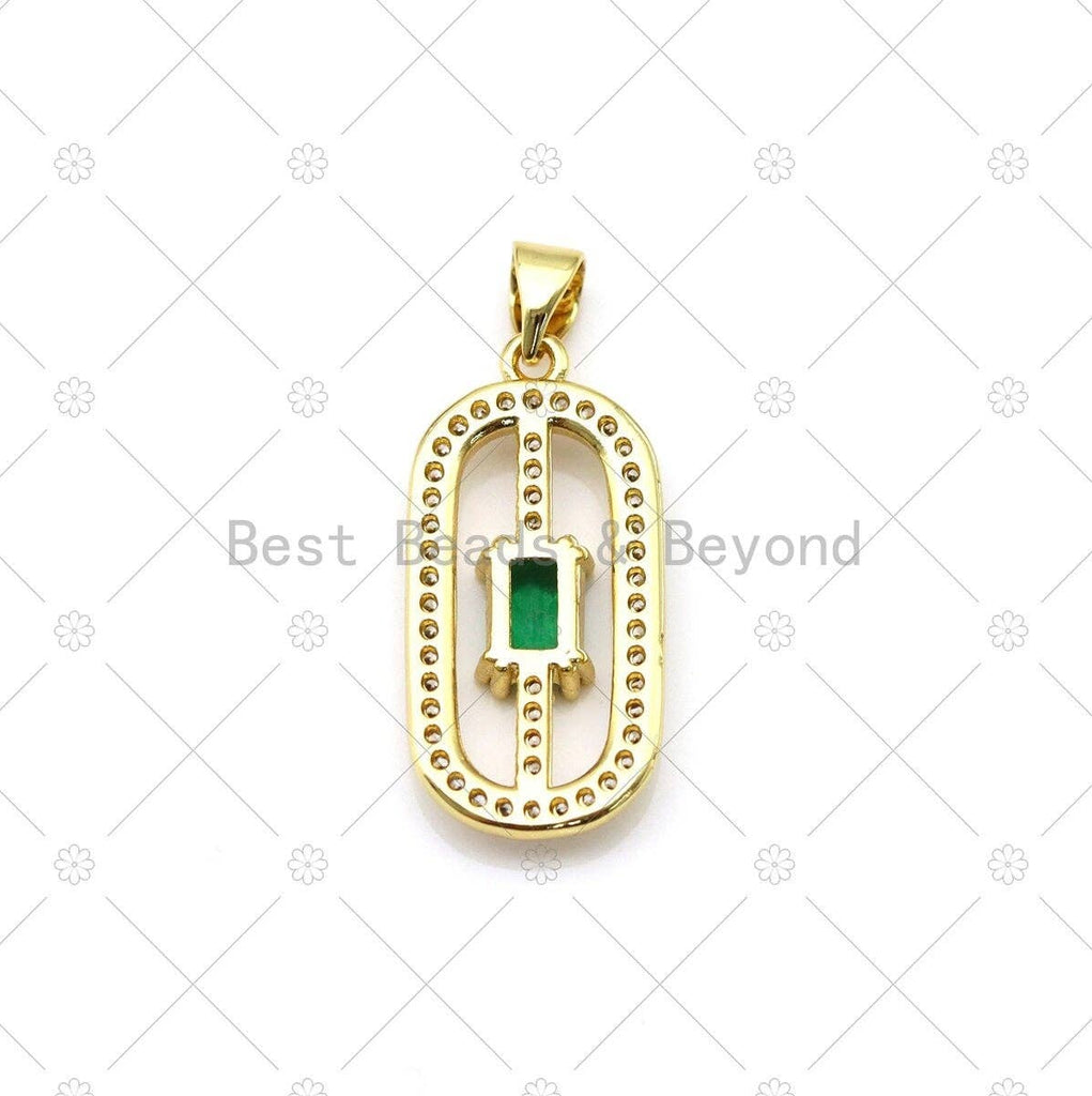 Colorful Big Rectangle CZ on Micro Pave Oval Shape Pendant, 18K Gold Filled CZ Charm, Necklace Bracelet Charm Pendant, 24x12mm,Sku#LK497