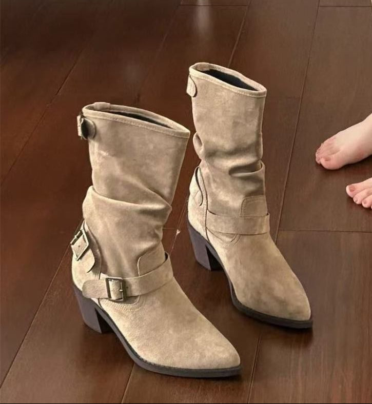 Women's Chunky Heel Pleated Suede Booties | Buckle Strap High Shaft Boots